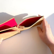Load image into Gallery viewer, Large vegan cork slide-out wallet with the coin zipper pocket open