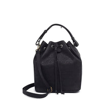 Load image into Gallery viewer, Classic black cork bucket bag with removable handle and adjustable and removable crossbody strap