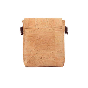 Natural and brown cork cross body bag with buckle, back view