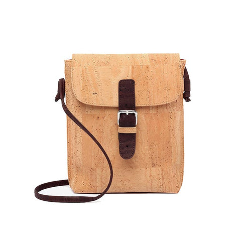 Natural and brown cork cross body bag with buckle