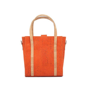Orange cork handbag with crossbody strap, back view