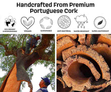 Load image into Gallery viewer, Cork harvest, cork bark close-up and informative logos about cork: Eco-friendly & Biodegradable, vegan, sustainable, anti-bacterial, water-resistant and super-lightweight