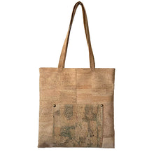 Load image into Gallery viewer, Natural Cork Tote Bag With a Brown and Gold Patterned Pocket - Front