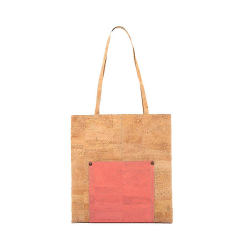 Natural and orange cork tote bag with pockets