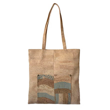 Load image into Gallery viewer, Natural Cork Tote Bag With a Brown and Blue Patterned Pocket - Front