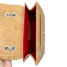 Load image into Gallery viewer, Natural and Brown Mini Cork Handbag with Top Handle and Crossbody Strap Internal View