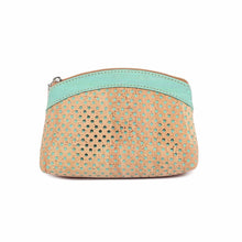 Load image into Gallery viewer, Large cork purse with polka dot laser cuts in natural and turquoise-tinted cork
