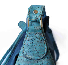 Load image into Gallery viewer, Blue-tinted cork fabric bucket bag with drawstring side detail