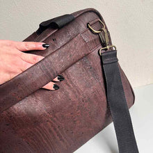 Load image into Gallery viewer, Brown cork laptop bag, trolley sleeve detail