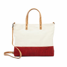 Load image into Gallery viewer, Red cork and canvas tote bag with natural cork handles and strap