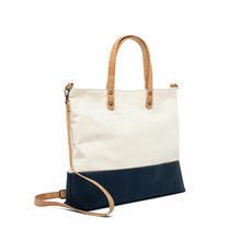 Load image into Gallery viewer, Navy-blue cork and canvas tote bag with natural cork handles and strap side view