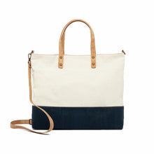Load image into Gallery viewer, Navy-blue cork and canvas tote bag with natural cork handles and strap