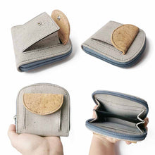 Load image into Gallery viewer, Grey and natural cork wallet for women with coin pocket in various positions.