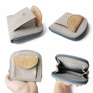 Grey and natural cork wallet for women with coin pocket in various positions.