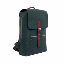 Load image into Gallery viewer, Large green and brown vegan cork leather backpack with folding top, side view