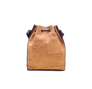 Natural and brown tinted cork fabric bucket bag with drawstring, back view