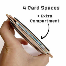 Load image into Gallery viewer, Pink cork credit card holder with credit cards, folded notes and on a persons hand