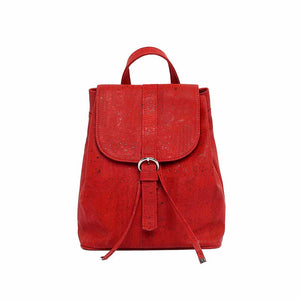 red cork drawstring backpack with folding top