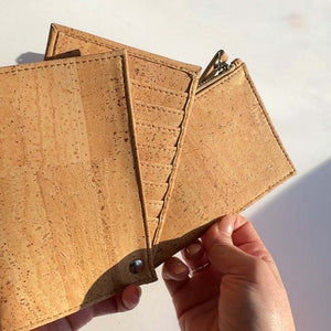 Large vegan cork slide-out wallet , sliding coin zipper pocket