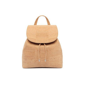 Natural cork backpack for women with drawstring and folding top closure, front view