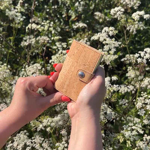 Natural cork pop up card holder wallet with RFID protection, closed