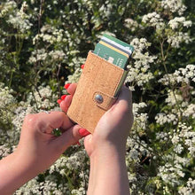 Load image into Gallery viewer, Natural cork pop up card holder wallet with RFID protection, lever activated