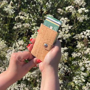 Natural cork pop up card holder wallet with RFID protection, lever activated