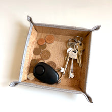 Load image into Gallery viewer, natural and grey cork key bowl, natural light with keys and coins inside