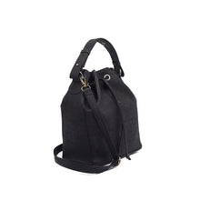 Load image into Gallery viewer, Classic black cork bucket bag with removable handle and adjustable and removable crossbody strap