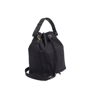 Classic black cork bucket bag with removable handle and adjustable and removable crossbody strap