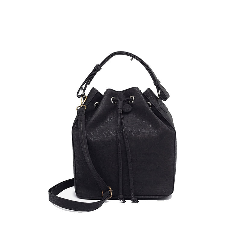 Classic black cork bucket bag with removable handle and adjustable and removable crossbody strap