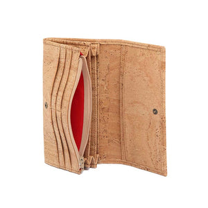 Classic Natural Cork Wallet for Women, open showing card slots and coins zipper pocket 