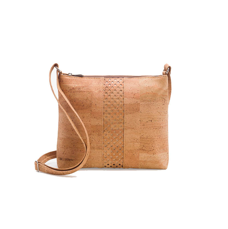 Medium Natural Cork Crossbody Bag with a Laser-Cut Design, front view