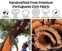 Load image into Gallery viewer, Cork harvest, cork bark close-up and informative logos about cork fabric: Eco-friendly &amp; Biodegradable, vegan, sustainable, anti-bacterial, water-resistant and super-lightweight