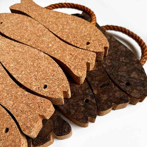 Natural and brown cork fish trivets with rope handles