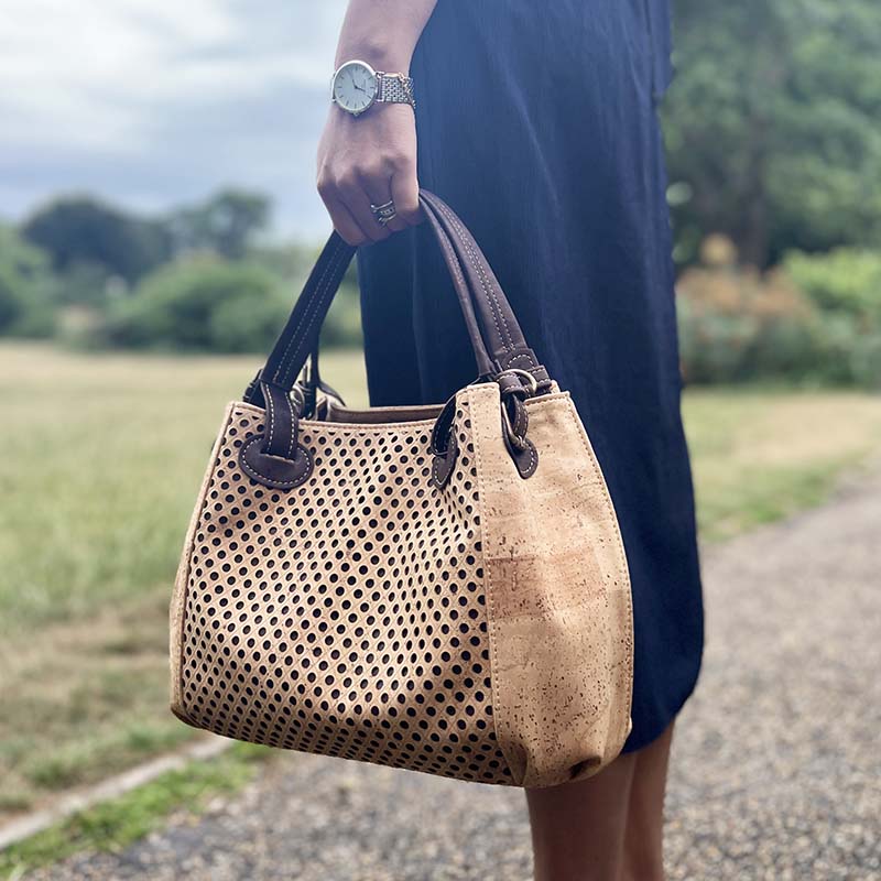Cork Handbag With Cut-outs and Removable Crossbody Strap Natural Brown