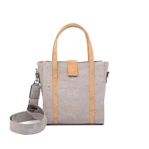 Grey cork handbag with crossbody strap, front view