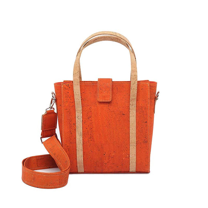 Orange cork handbag with crossbody strap, front view