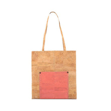 Load image into Gallery viewer, Natural and orange cork tote bag with pockets