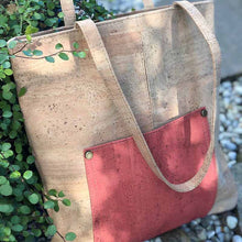 Load image into Gallery viewer, Natural and orange cork tote bag with pockets in natural light
