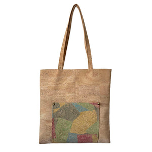 Natural Cork Tote Bag With a Colurful Patterned Pocket - Front