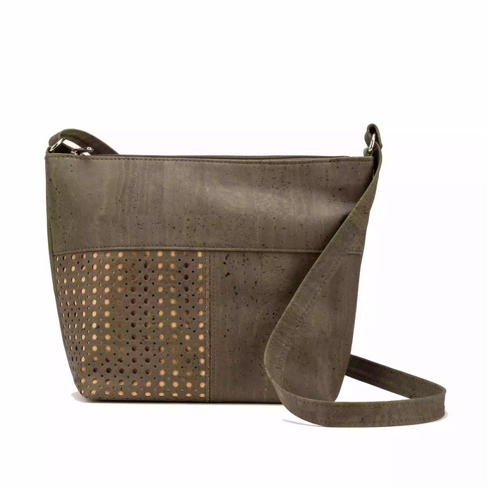 Large Cork Crossbody Bag with Laser Cuts - Olive green - front view