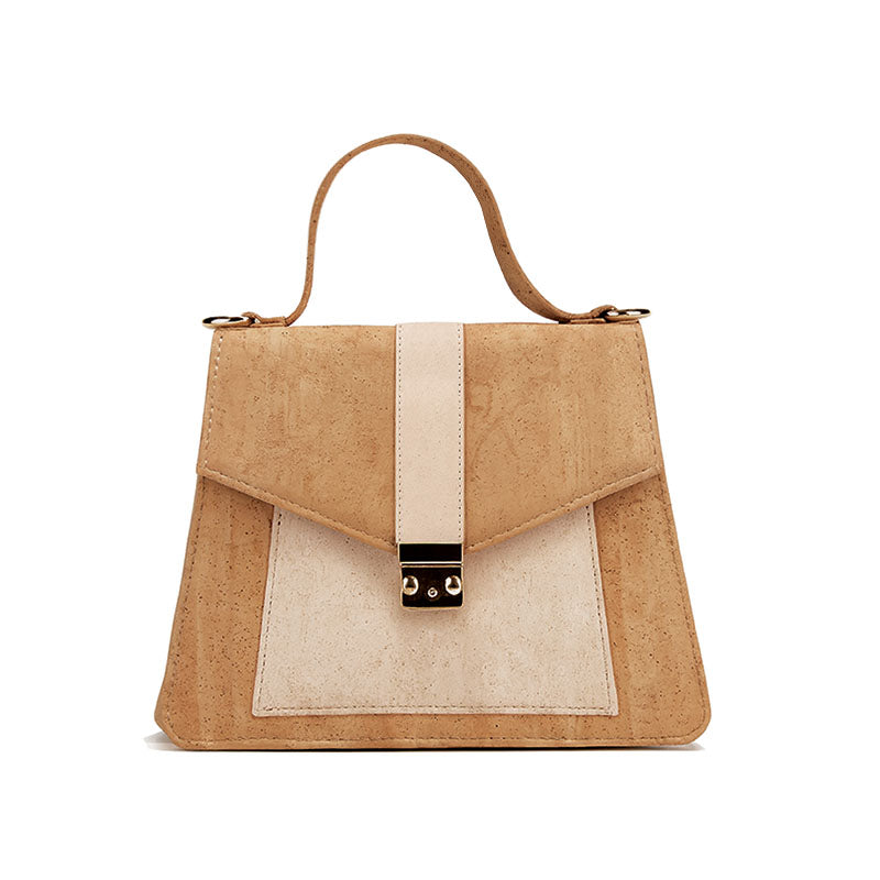 Small Cork Handbag with Crossbody Strap & Lock Key - Natural & white cork - front view