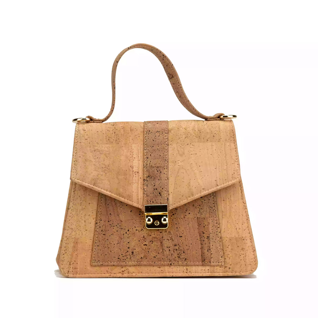 Small Cork Handbag with Crossbody Strap & Lock Key - Natural & brown cork - front view