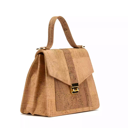 Small Cork Handbag with Crossbody Strap & Lock Key - Natural & brown cork - side view