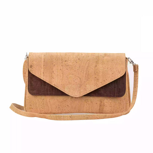 Small Cork Messenger Shoulder Bag with a Double flap in natural and brown, front view
