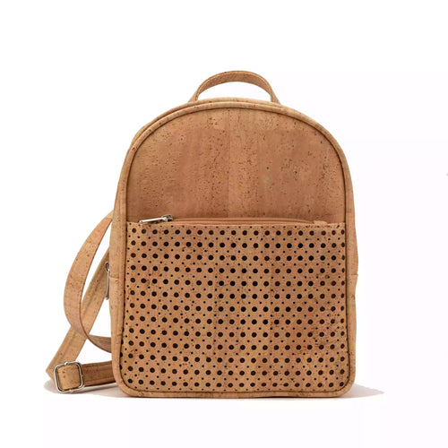 Natural Cork Backpack with Laser-Cut Front Pocket, front view with zipper pocket and laser cut design on the front pocket