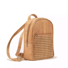 Load image into Gallery viewer, Natural Cork Backpack with Laser-Cut Front Pocket, side view with zipper pocket and laser cut design on the front pocket