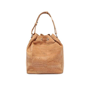 Classic natural cork bucket bag with removable handle and adjustable and removable crossbody strap, back view
