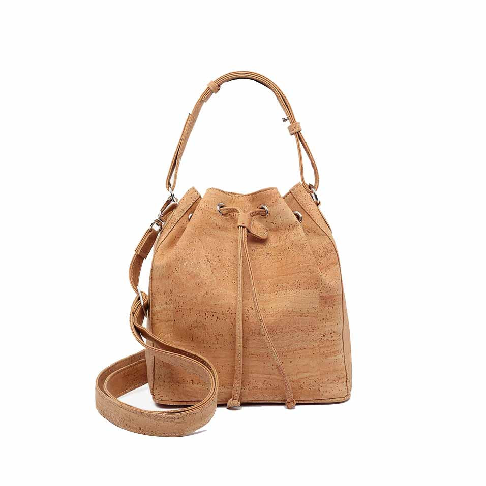 Classic natural cork bucket bag with removable handle and adjustable and removable crossbody strap